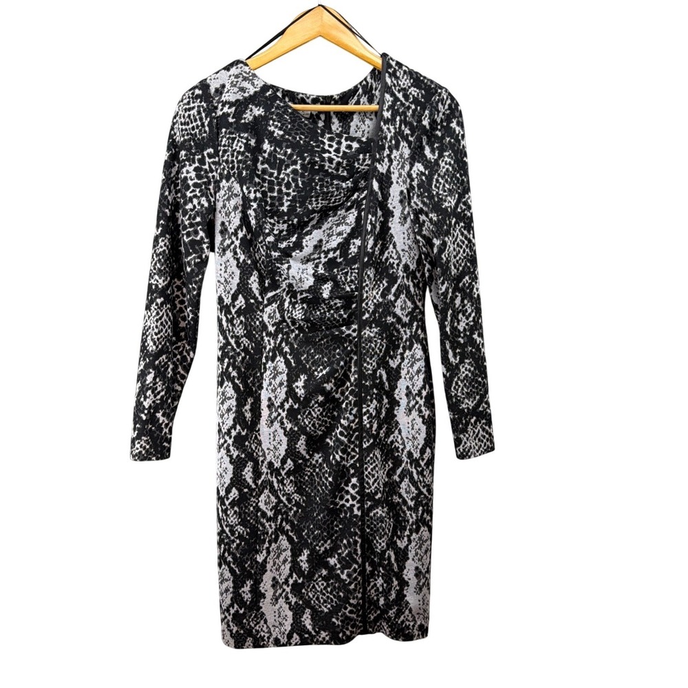 Kay Unger Women's Size 10 Grey Snakeskin Print Long Sleeve Draped Sheath Dress